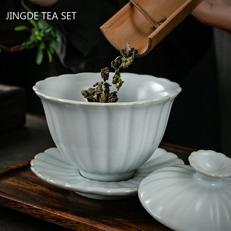 Pielāgota keramikas vienkrāsains Gaiwan Retro ar rokām gatavota tējas bļoda ķīniešu tējas automāts ar vāku tējas tases Boutique tējas komplekta piederumi