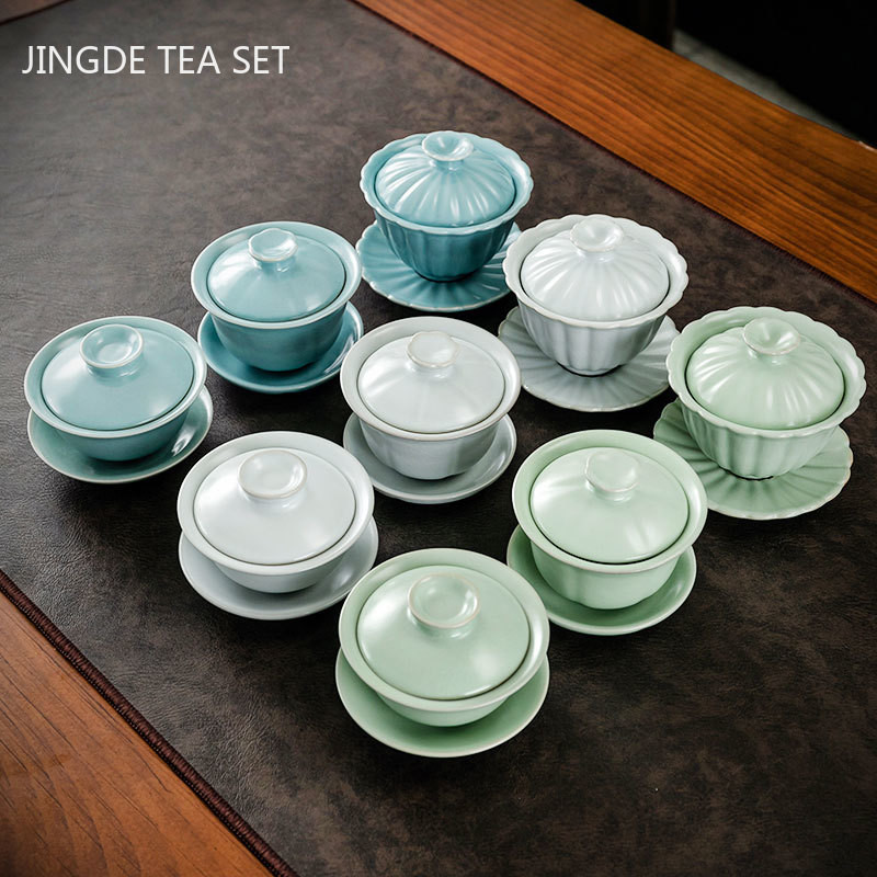 Pielāgota keramikas vienkrāsains Gaiwan Retro ar rokām gatavota tējas bļoda ķīniešu tējas automāts ar vāku tējas tases Boutique tējas komplekta piederumi