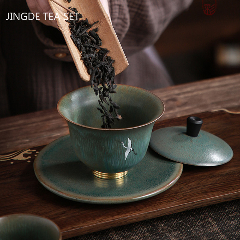150/170 ml retro cepļi, maināmi Gaiwan keramikas tējas servīzes piederumi, mājsaimniecības liela tējas trauka tējas bļoda roku darbs ar vāku.
