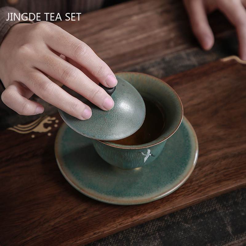 150/170 ml retro cepļi, maināmi Gaiwan keramikas tējas servīzes piederumi, mājsaimniecības liela tējas trauka tējas bļoda roku darbs ar vāku.