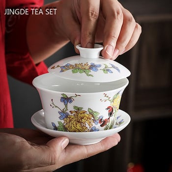 Синя и бяла порцеланова чайна чаша Jingdezhen Gaiwan, ръчно изработена керамична купа за чай, китайски домашни порцеланови прибори за чай, 250 ml