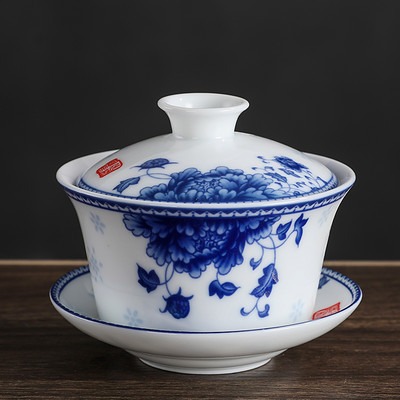 Jingdezhen zilā un baltā porcelāna Gaiwan tējas krūze, rokām gatavota keramikas tējas trauks, ķīniešu mājas porcelāna tējas trauks, dzēriens 250 ml
