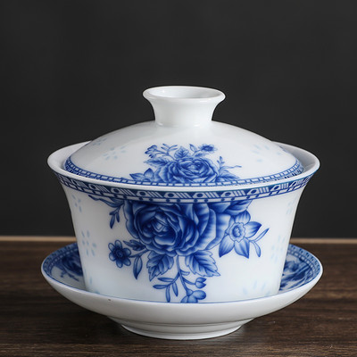 Jingdezhen zilā un baltā porcelāna Gaiwan tējas krūze, rokām gatavota keramikas tējas trauks, ķīniešu mājas porcelāna tējas trauks, dzēriens 250 ml