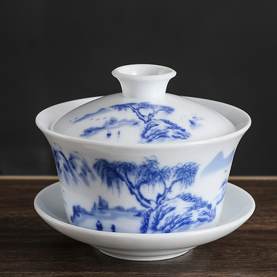 Jingdezhen zilā un baltā porcelāna Gaiwan tējas krūze, rokām gatavota keramikas tējas trauks, ķīniešu mājas porcelāna tējas trauks, dzēriens 250 ml