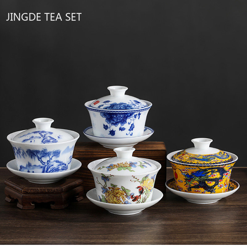 Jingdezhen zilā un baltā porcelāna Gaiwan tējas krūze, rokām gatavota keramikas tējas trauks, ķīniešu mājas porcelāna tējas trauks, dzēriens 250 ml