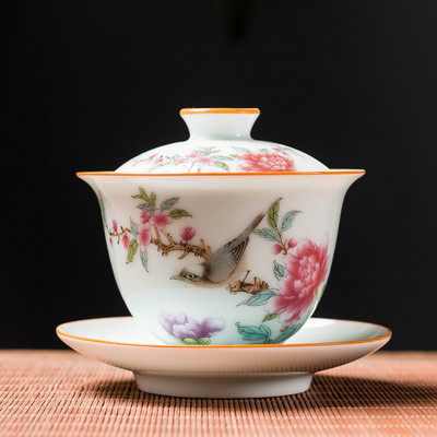 Augstākās klases keramikas Gaiwan izsmalcināta emaljas krāsas tējas bļoda ar rokām gatavota personīgā tējas krūze ar vāku. Mājsaimniecības tējas komplekts pielāgotas dāvanas