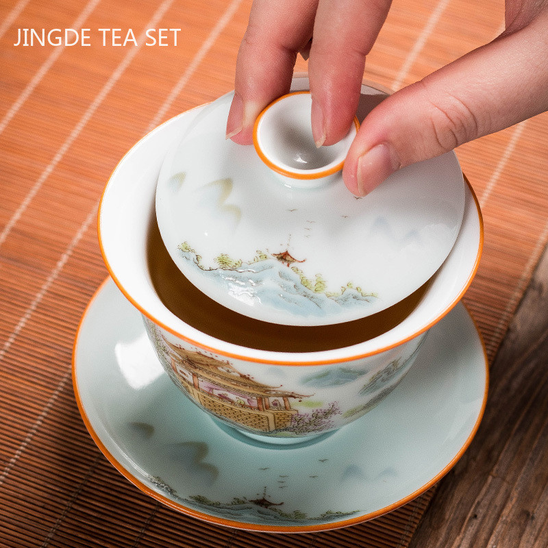 Augstākās klases keramikas Gaiwan izsmalcināta emaljas krāsas tējas bļoda ar rokām gatavota personīgā tējas krūze ar vāku. Mājsaimniecības tējas komplekts pielāgotas dāvanas