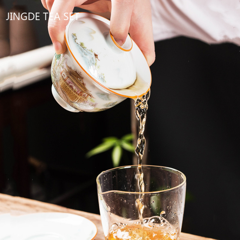 Augstākās klases keramikas Gaiwan izsmalcināta emaljas krāsas tējas bļoda ar rokām gatavota personīgā tējas krūze ar vāku. Mājsaimniecības tējas komplekts pielāgotas dāvanas