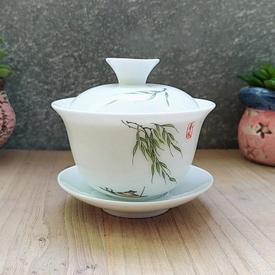 Dehua Ceramic Tea Gaiwan Tējas krūze Ar rokām gatavota tēja ķīniešu baltā porcelāna tējas komplekts Aksesuāri Tējas ceremonijas meistara krūze 110ml
