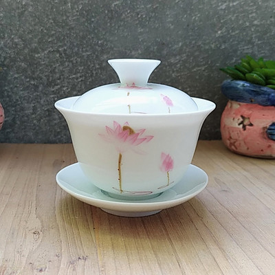 Dehua Ceramic Tea Gaiwan Tējas krūze Ar rokām gatavota tēja ķīniešu baltā porcelāna tējas komplekts Aksesuāri Tējas ceremonijas meistara krūze 110ml