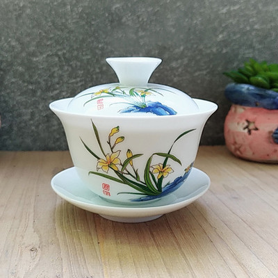 Dehua Ceramic Tea Gaiwan Tējas krūze Ar rokām gatavota tēja ķīniešu baltā porcelāna tējas komplekts Aksesuāri Tējas ceremonijas meistara krūze 110ml