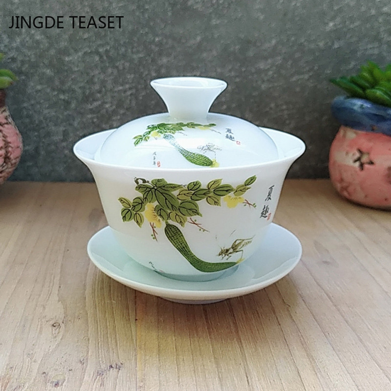 Dehua Ceramic Tea Gaiwan Tējas krūze Ar rokām gatavota tēja ķīniešu baltā porcelāna tējas komplekts Aksesuāri Tējas ceremonijas meistara krūze 110ml