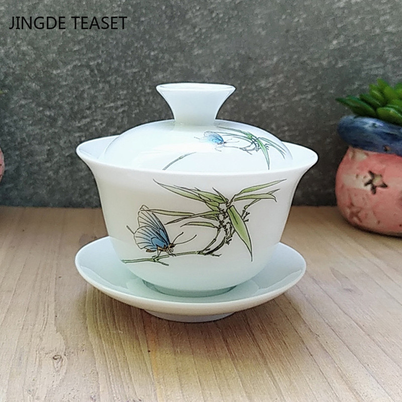Dehua Ceramic Tea Gaiwan Tējas krūze Ar rokām gatavota tēja ķīniešu baltā porcelāna tējas komplekts Aksesuāri Tējas ceremonijas meistara krūze 110ml