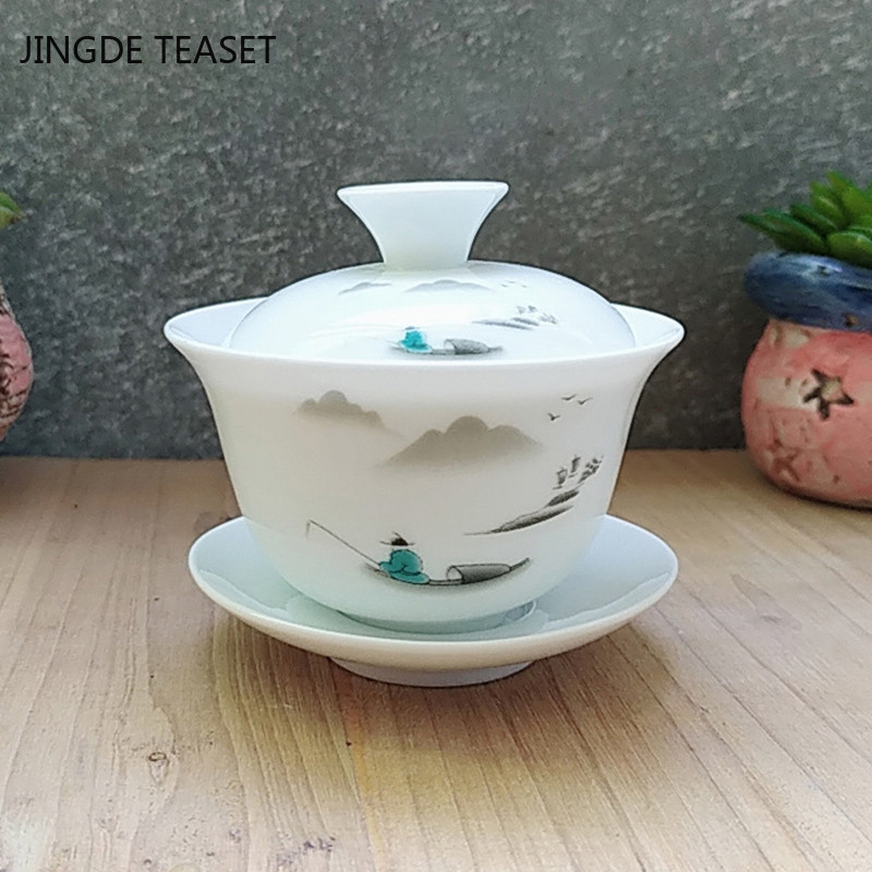 Dehua Ceramic Tea Gaiwan Tējas krūze Ar rokām gatavota tēja ķīniešu baltā porcelāna tējas komplekts Aksesuāri Tējas ceremonijas meistara krūze 110ml