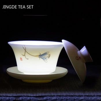 бял порцелан Dehua Sancai Gaiwan Индивидуален чай Infuser Домакинска керамична чаша за чай Китайски сервиз за чай Покрита купа