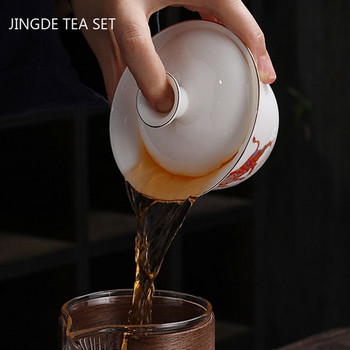 бял порцелан Dehua Sancai Gaiwan Индивидуален чай Infuser Домакинска керамична чаша за чай Китайски сервиз за чай Покрита купа