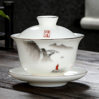 Személyre szabott Dehua fehér porcelán Sancai Gaiwan egyedi teainfuser háztartási kerámia teáscsésze kínai teáskészlet, fedett tál