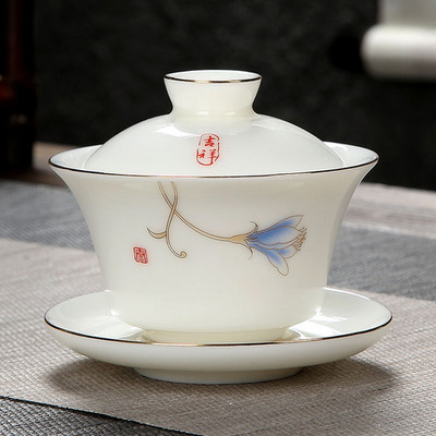 Személyre szabott Dehua fehér porcelán Sancai Gaiwan egyedi teainfuser háztartási kerámia teáscsésze kínai teáskészlet, fedett tál