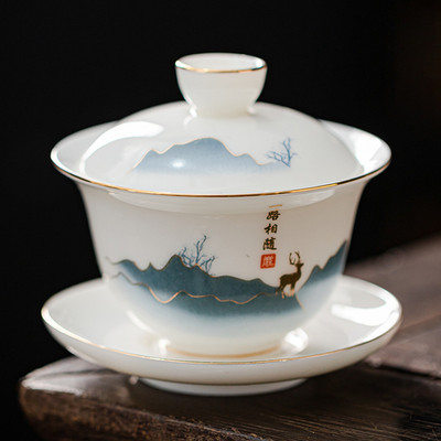 Személyre szabott Dehua fehér porcelán Sancai Gaiwan egyedi teainfuser háztartási kerámia teáscsésze kínai teáskészlet, fedett tál