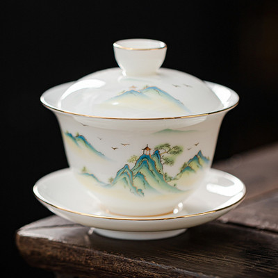 Személyre szabott Dehua fehér porcelán Sancai Gaiwan egyedi teainfuser háztartási kerámia teáscsésze kínai teáskészlet, fedett tál