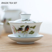 Balta keramikas Gaiwan tējas tase ar rokām gatavota tēja Tureen Boutique ar vāku tējas bļoda Ķīniešu porcelāna tējas komplekta piederumi Dzērieni