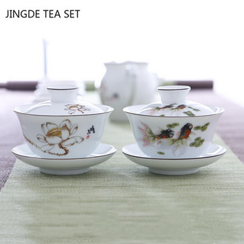 Бяла керамична чаша за чай Gaiwan Ръчно изработена супница за чай Бутик с капак Купа за чай Китайски порцеланов сервиз за чай Аксесоари Съдове за напитки