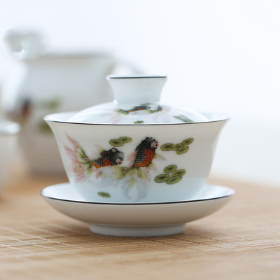 Balta keramikas Gaiwan tējas tase ar rokām gatavota tēja Tureen Boutique ar vāku tējas bļoda Ķīniešu porcelāna tējas komplekta piederumi Dzērieni