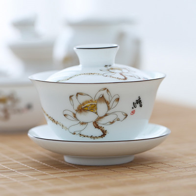 Balta keramikas Gaiwan tējas tase ar rokām gatavota tēja Tureen Boutique ar vāku tējas bļoda Ķīniešu porcelāna tējas komplekta piederumi Dzērieni