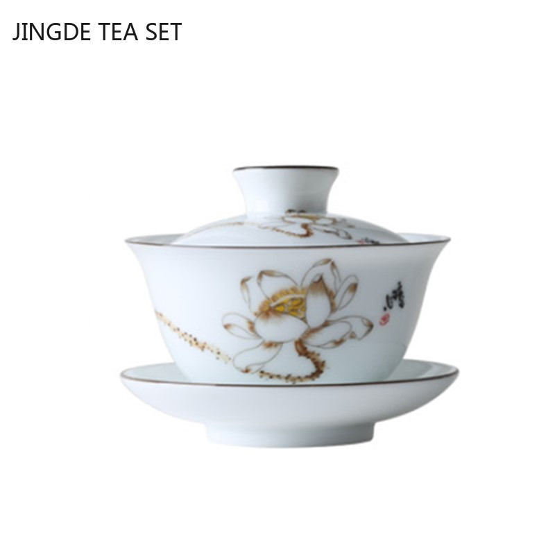 Balta keramikas Gaiwan tējas tase ar rokām gatavota tēja Tureen Boutique ar vāku tējas bļoda Ķīniešu porcelāna tējas komplekta piederumi Dzērieni