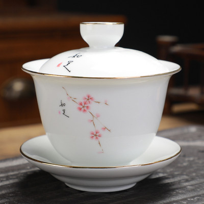 Ķīniešu Dehua Ceramic Gaiwan ar vāku aitas gaļas tauku nefrīta baltā porcelāna tējas bļoda mājsaimniecības tējas komplekts, rokas satveršanas katls, 170 ml