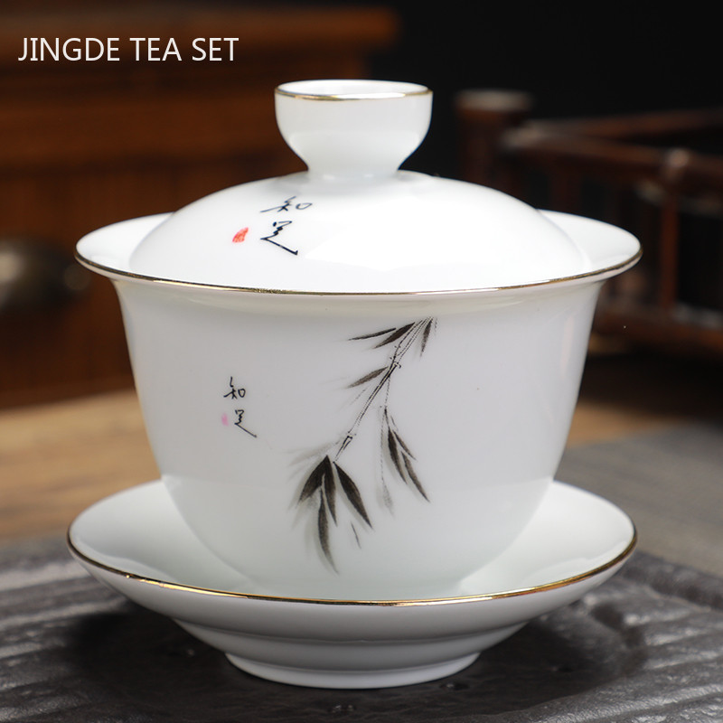 Ķīniešu Dehua Ceramic Gaiwan ar vāku aitas gaļas tauku nefrīta baltā porcelāna tējas bļoda mājsaimniecības tējas komplekts, rokas satveršanas katls, 170 ml