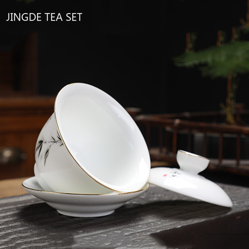 Ķīniešu Dehua Ceramic Gaiwan ar vāku aitas gaļas tauku nefrīta baltā porcelāna tējas bļoda mājsaimniecības tējas komplekts, rokas satveršanas katls, 170 ml