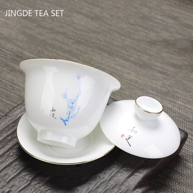 Ķīniešu Dehua Ceramic Gaiwan ar vāku aitas gaļas tauku nefrīta baltā porcelāna tējas bļoda mājsaimniecības tējas komplekts, rokas satveršanas katls, 170 ml