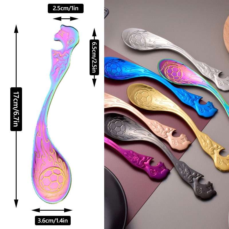 Daudzfunkcionāla futbola radošā karote, 304 nerūsējošā tērauda futbola karote žilbinošā krāsā ar pudeļu attaisāmo