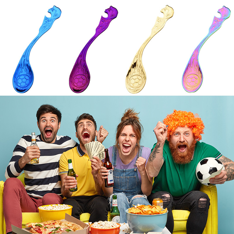 Daudzfunkcionāla futbola radošā karote, 304 nerūsējošā tērauda futbola karote žilbinošā krāsā ar pudeļu attaisāmo