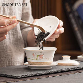 Ръчно рисувана домашна керамична купа за чай Sancai Gaiwan Персонализирана бяла порцеланова машина за чай Чаша за чай Китайски сервиз за чай 140 ml