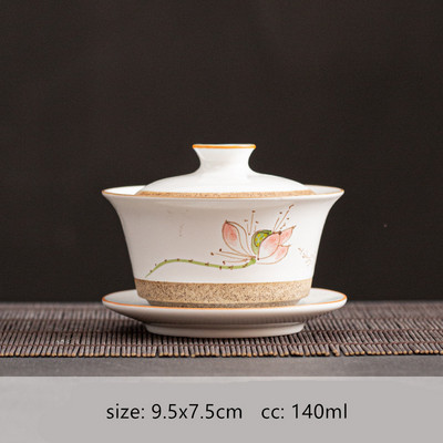 Ar rokām apgleznota Sancai Gaiwan mājas keramikas tējas bļoda, pielāgota baltā porcelāna tējas pagatavošanai tējk. Ķīniešu tējas komplekta piederumi 140 ml