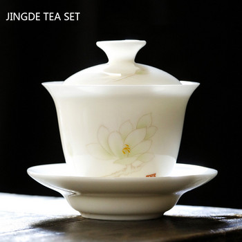 Керамична купа за чай Sancai Gaiwan Home Bubble Tea Bowl Персонализирана машина за чай от бял порцелан с капак Чаша за чай Китайски сервиз за чай 100 ml