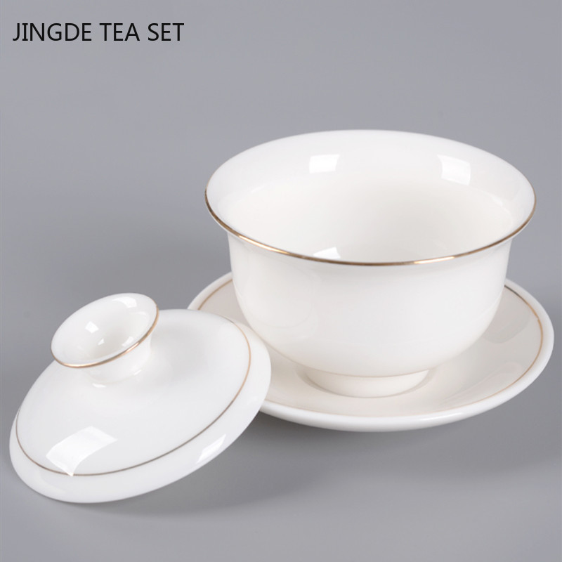 Boutique ar rokām darināta keramikas tējas bļoda aitas gaļas tauku nefrīta baltā porcelāna Gaiwan tējas krūze mājsaimniecības tējas pagatavošanas tradicionālie tējas komplekti