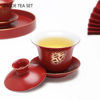 Бутикова червена керамика Gaiwan с капак Master Cup Ръчно изработена порцеланова чаша за чай Домакинска купа за чай Сватбен сервиз за чай Аксесоари