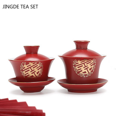 Boutique Red Ceramics Gaiwan cu capac Master Cup Ceașă de ceai din porțelan lucrată manual Bol de ceai de uz casnic Accesorii pentru set de ceai de nuntă