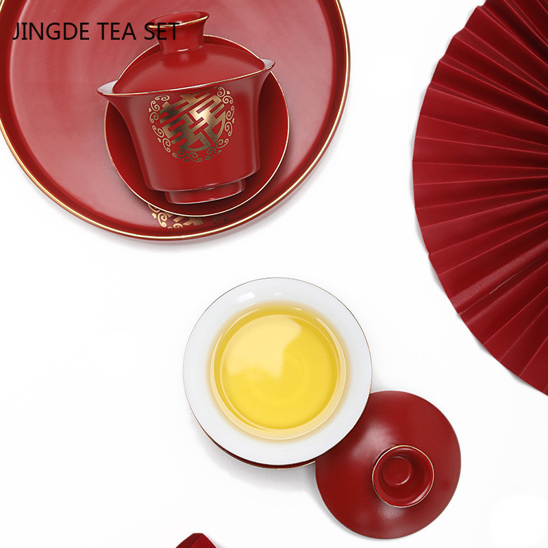 Boutique Red Ceramics Gaiwan tetővel Mesterpohár Kézzel készített porcelán teáscsésze Háztartási teástál Esküvői teáskészlet kiegészítők