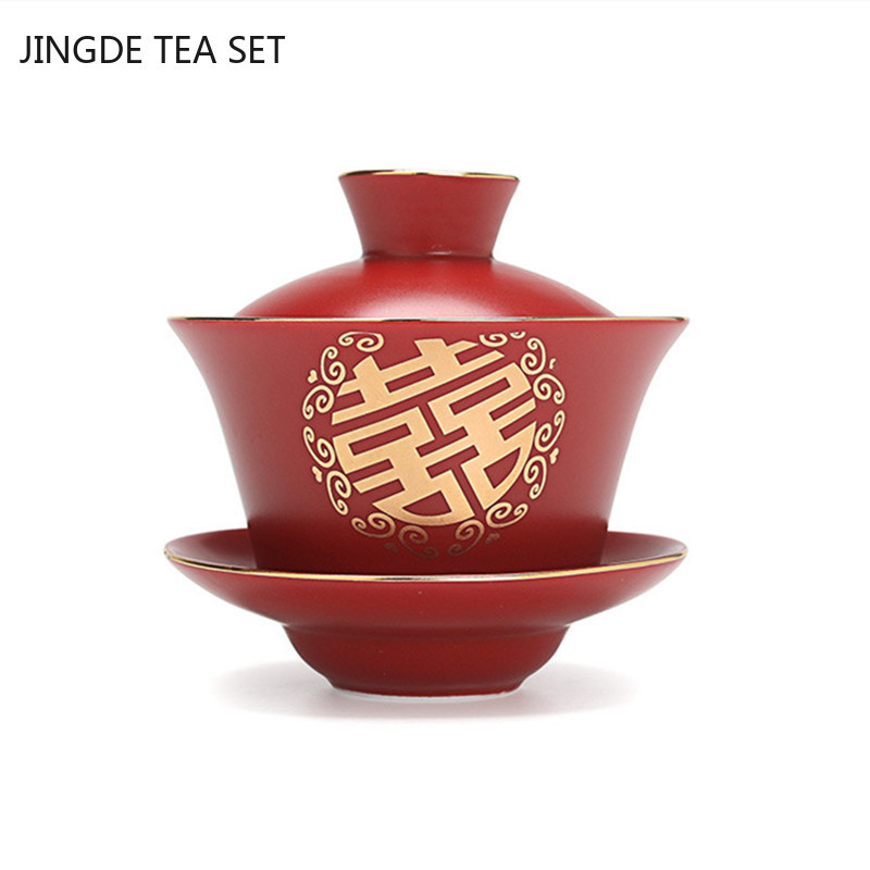 Boutique Red Ceramics Gaiwan tetővel Mesterpohár Kézzel készített porcelán teáscsésze Háztartási teástál Esküvői teáskészlet kiegészítők