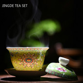 Ķīniešu keramika Sancai Gaiwan izsmalcināta emaljas krāsas tējas bļoda Tradicionālās tējas servīzes piederumi ar vāku tējtasīti Mājas tējas automāts