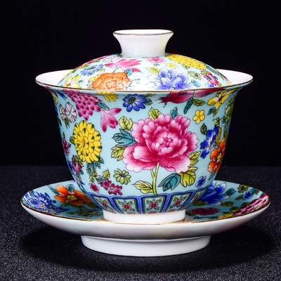Ķīniešu keramika Sancai Gaiwan izsmalcināta emaljas krāsas tējas bļoda Tradicionālās tējas servīzes piederumi ar vāku tējtasīti Mājas tējas automāts