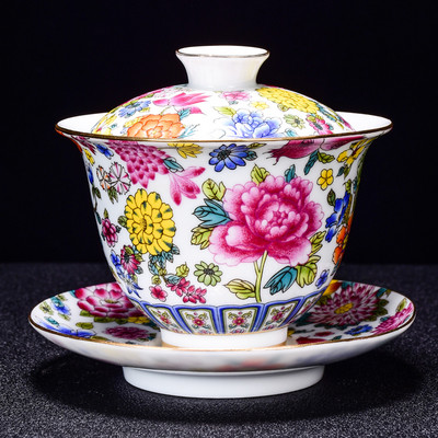 Ķīniešu keramika Sancai Gaiwan izsmalcināta emaljas krāsas tējas bļoda Tradicionālās tējas servīzes piederumi ar vāku tējtasīti Mājas tējas automāts