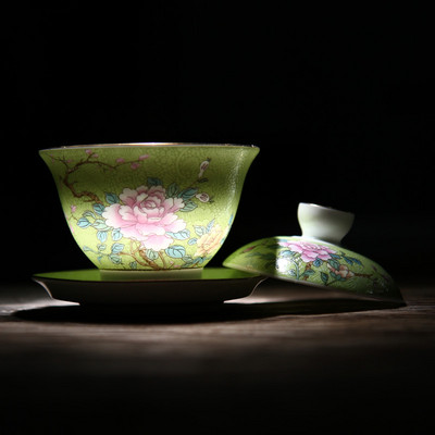 Ķīniešu keramika Sancai Gaiwan izsmalcināta emaljas krāsas tējas bļoda Tradicionālās tējas servīzes piederumi ar vāku tējtasīti Mājas tējas automāts