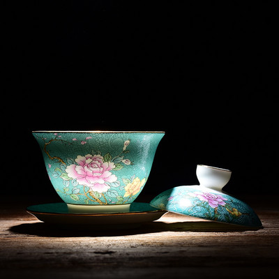 Ķīniešu keramika Sancai Gaiwan izsmalcināta emaljas krāsas tējas bļoda Tradicionālās tējas servīzes piederumi ar vāku tējtasīti Mājas tējas automāts