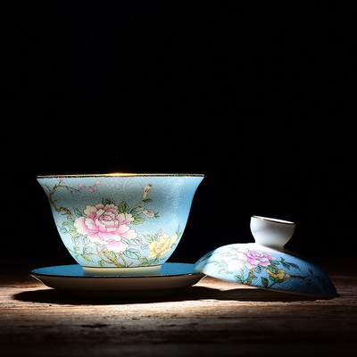 Ķīniešu keramika Sancai Gaiwan izsmalcināta emaljas krāsas tējas bļoda Tradicionālās tējas servīzes piederumi ar vāku tējtasīti Mājas tējas automāts