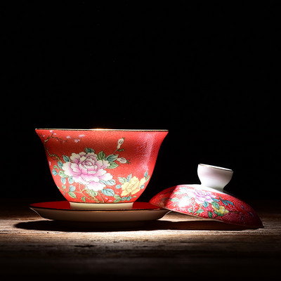 Ķīniešu keramika Sancai Gaiwan izsmalcināta emaljas krāsas tējas bļoda Tradicionālās tējas servīzes piederumi ar vāku tējtasīti Mājas tējas automāts